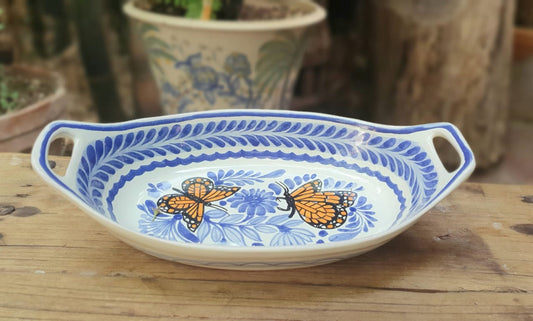Monarch Butterfly Oval Bowl with handles / Serving Piece Blue and White
