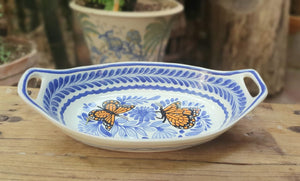 Butterfly Oval Bowl with handles / Serving Piece Blue and White