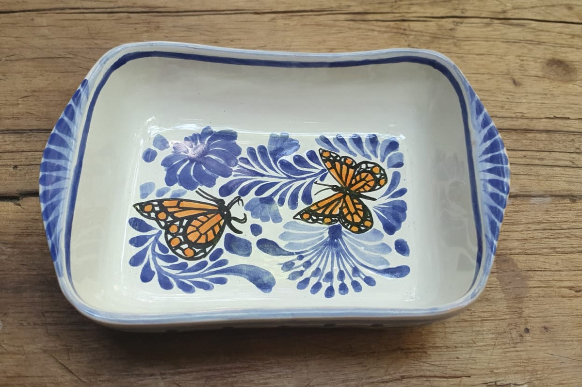 Monarch Butterfly Mini Rectangular Bowl 7.7" x 5.3" Blue and White