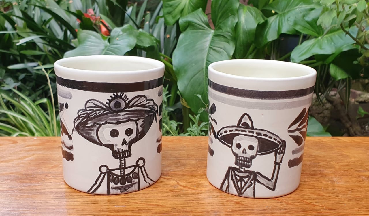Mexican Pottery Catrina Coffee Mug Set of 2 pieces 13.9 Oz Black