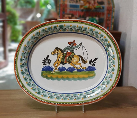 CowBoy Decorative / Serving Semi Oval Platter / Tray 16.9x13.4 in Green Colors