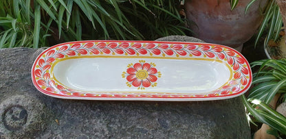 Flower Oval Long Plate 17.3*5.5" Red Colors