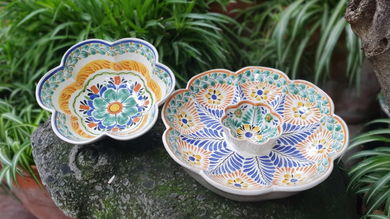 Set Flower Salad and nachos bowl Mexican Ceramics hand made Gto