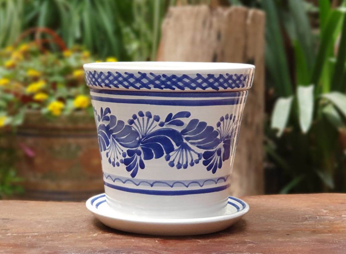 mexican plant pot Mexican Pottery Flower Pots Blue and White Ceramic hand made Mexico Gorky Pottery 8.1" H x9.2" D