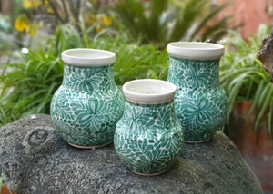 Flower Vase Ribbed Milestone Pattern Green