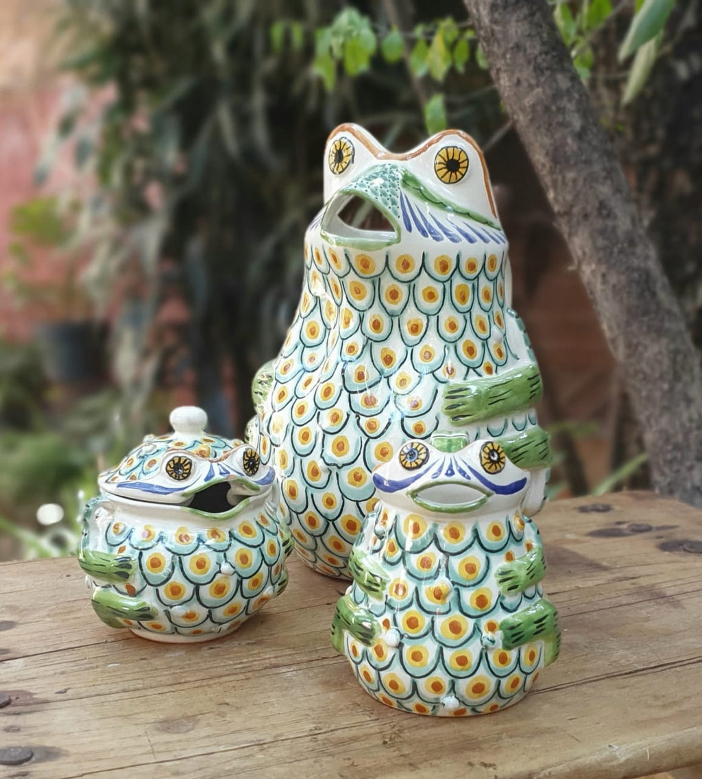Mexican Pottery Frog Set of Creamer and Sugar in Green Colors