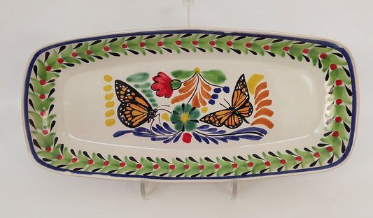 Butterfly Tray Mini Rectangular Platter 7.1 X 14.6" Green-Black-Blue Colors - Mexican Pottery by Gorky Gonzalez