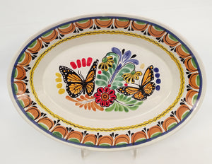 Butterfly Special Oval Platter 17.3x21.6" Terracota-Blue Colors - Mexican Pottery by Gorky Gonzalez