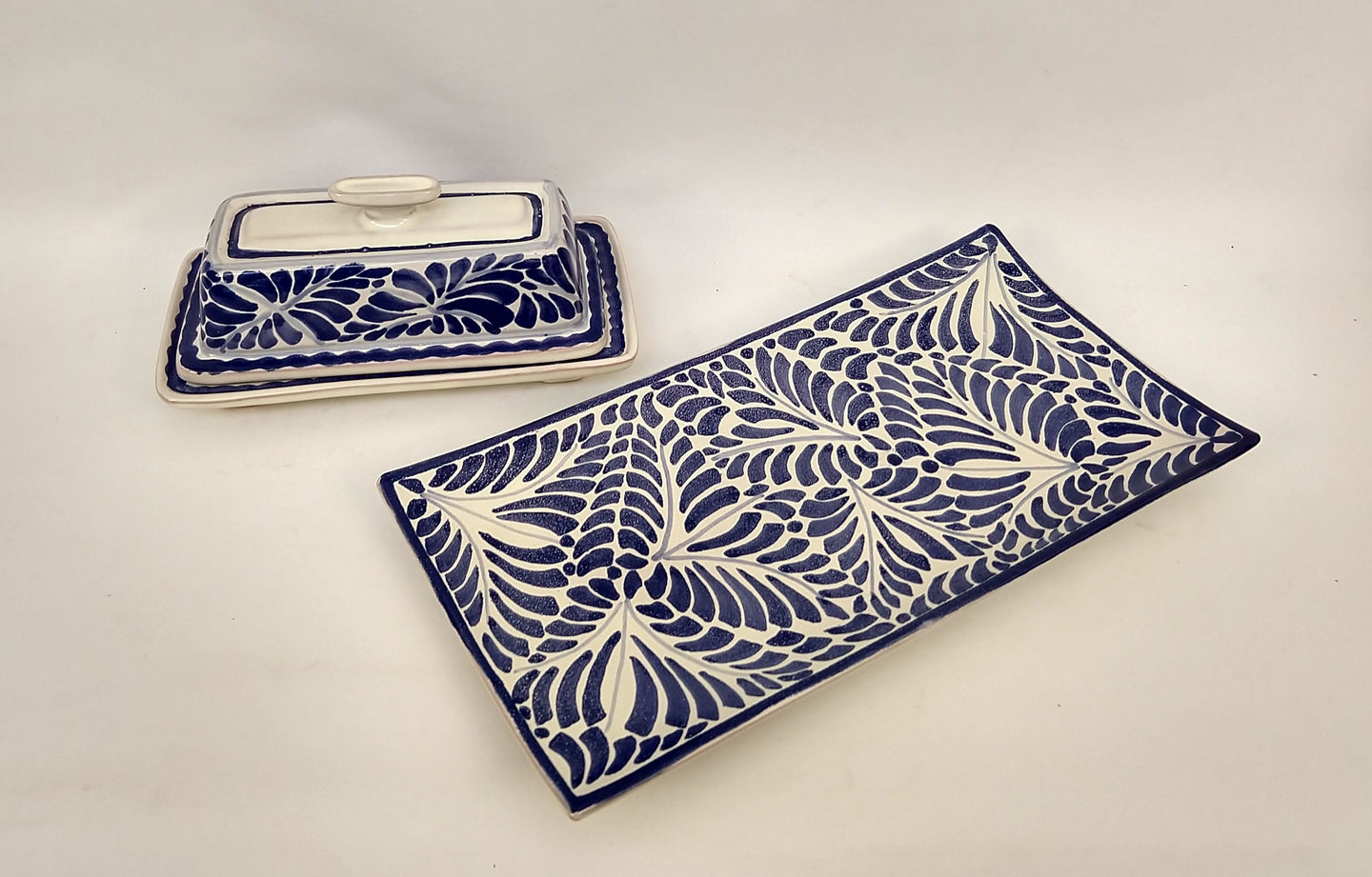 Buther Dish & Small Tray Set of 2 Milestones Blue and White - Mexican Pottery by Gorky Gonzalez