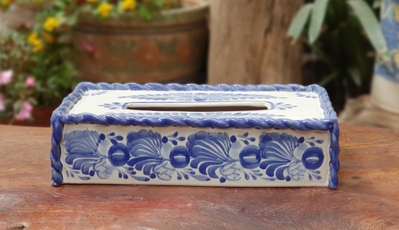Talavera-Style Ceramic Tissue Box Cover, 'Talavera Flowers