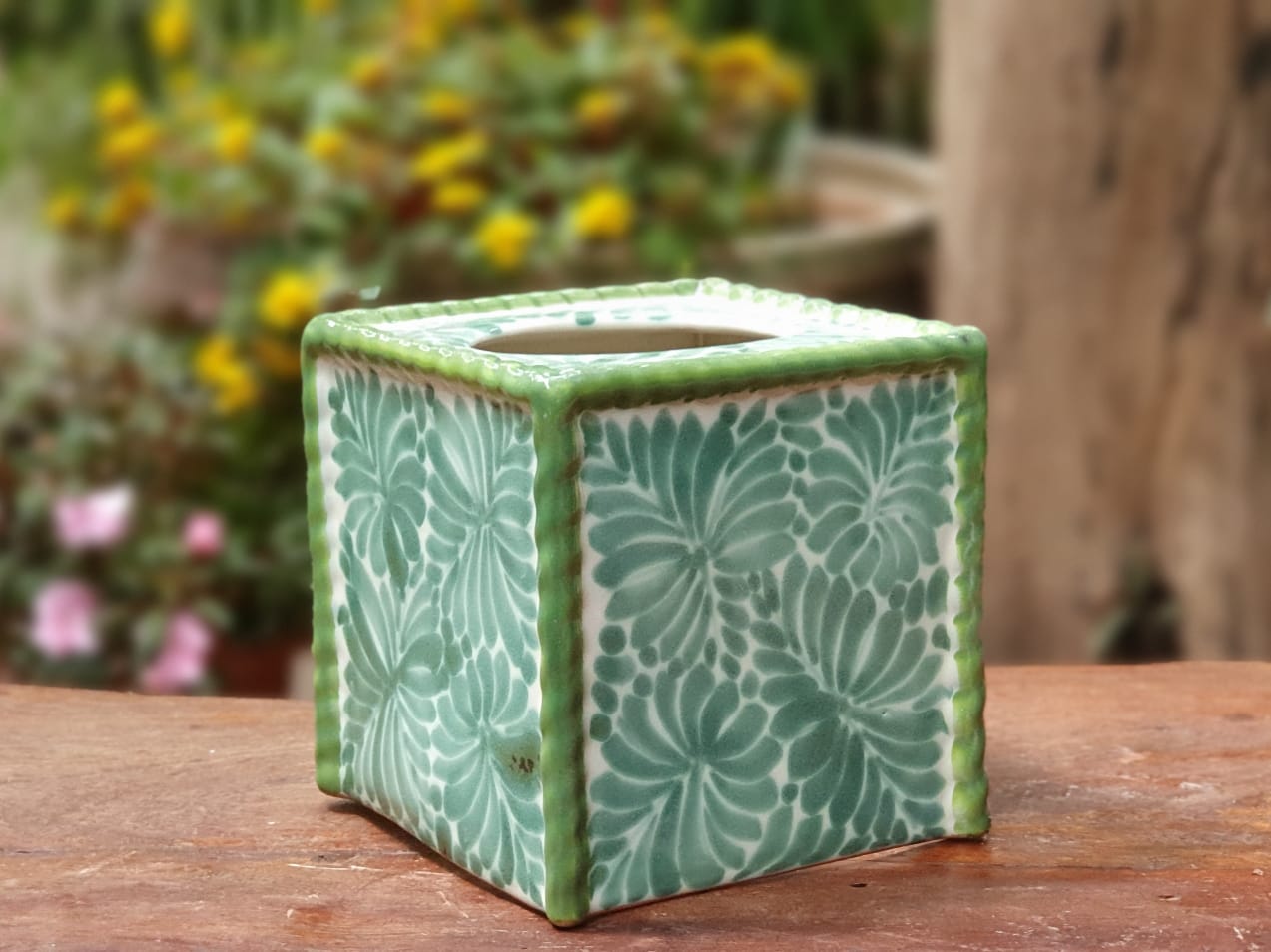 Floral Talavera-Style Ceramic Tissue Box Cover from Mexico