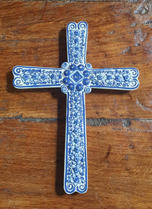 Large Paint Cross 13" Height Blue and White