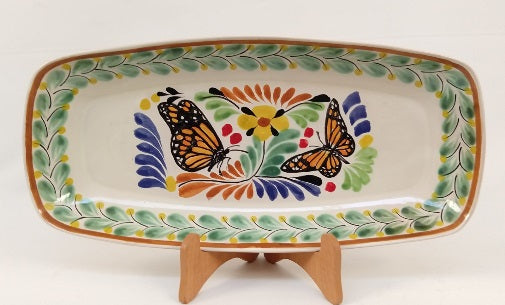 Butterfly Tray Mini Rectangular Platter 7.1 X 14.6" Green-Terracota Colors - Mexican Pottery by Gorky Gonzalez
