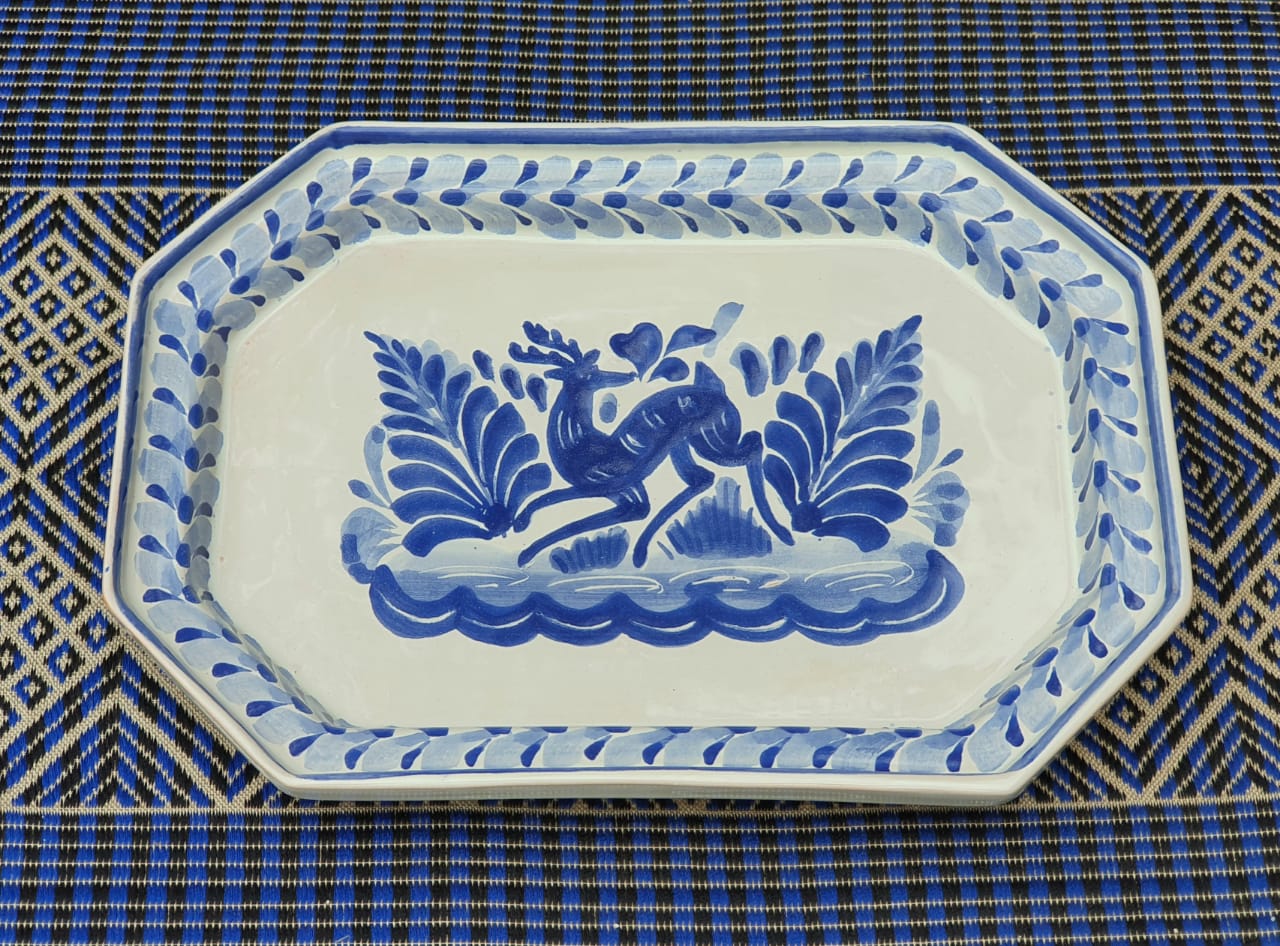Deer Small Octagonal Tray Blue and White Colors
