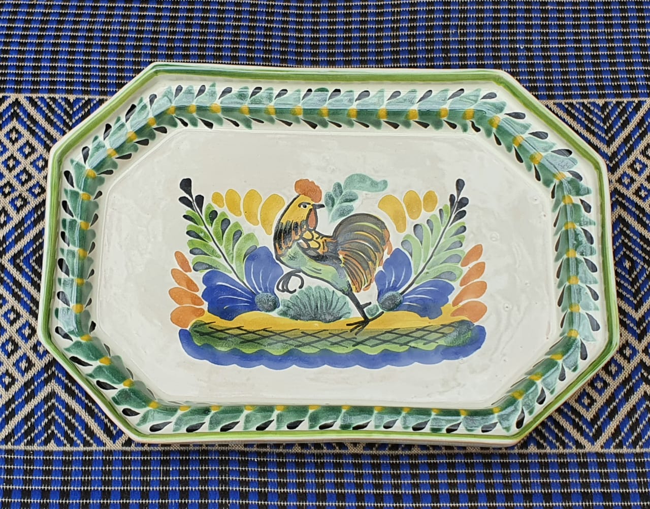 Rooster Small Octagonal Tray Green-Terracota Colors