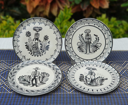 Catrinas Bread Plate / Tapa Plate 6.3"D Set (4 pieces) Black and White