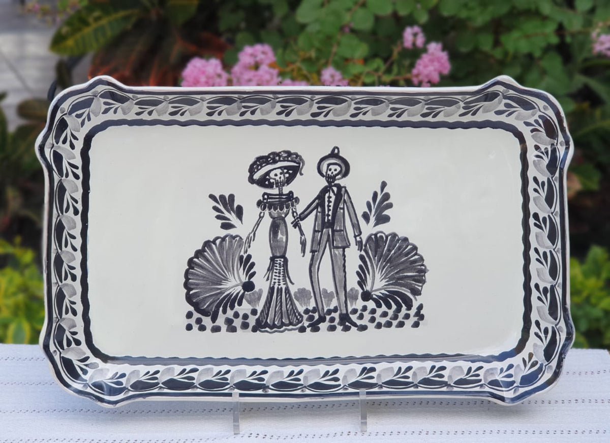 Catrina Couple Tray Decorative / Serving Rectangular Platter 16.9"x10.6" Black and White