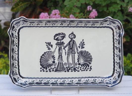 Catrina Couple Tray Decorative / Serving Rectangular Platter 16.9"x10.6" Black and White