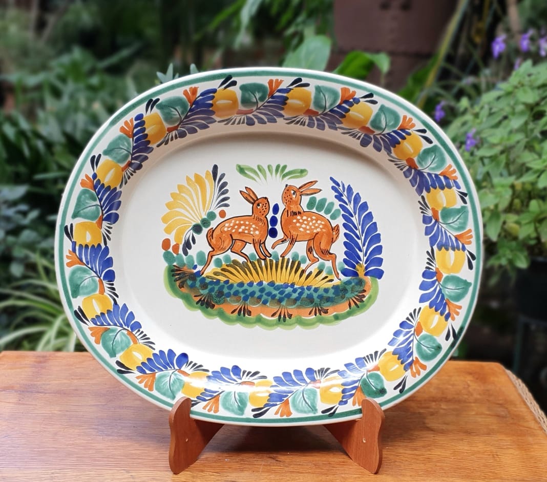 Mexican Pottery Rabbit Tray Semi Oval Serving Platter Mayalica Talavera ...