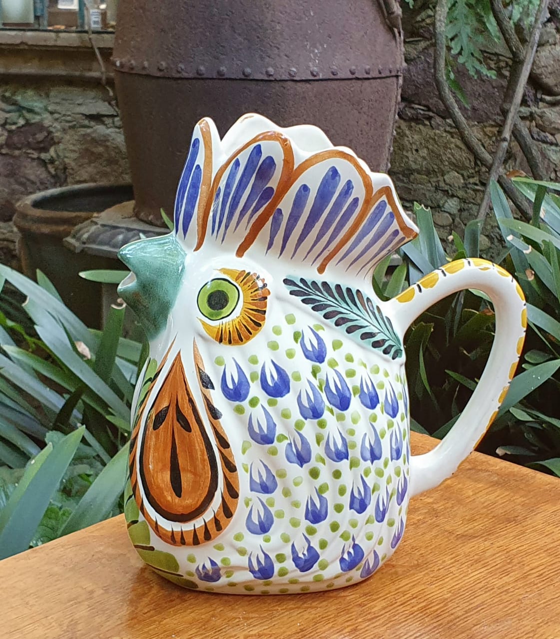 Rooster Water Pitcher 10" Height 54 Oz Terracota-Blue-Green Colors