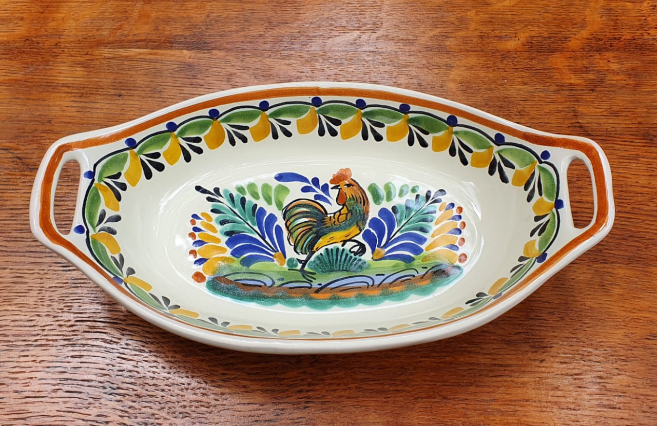 Rooster Oval Bowl with handles / Serving Piece Multi-colors