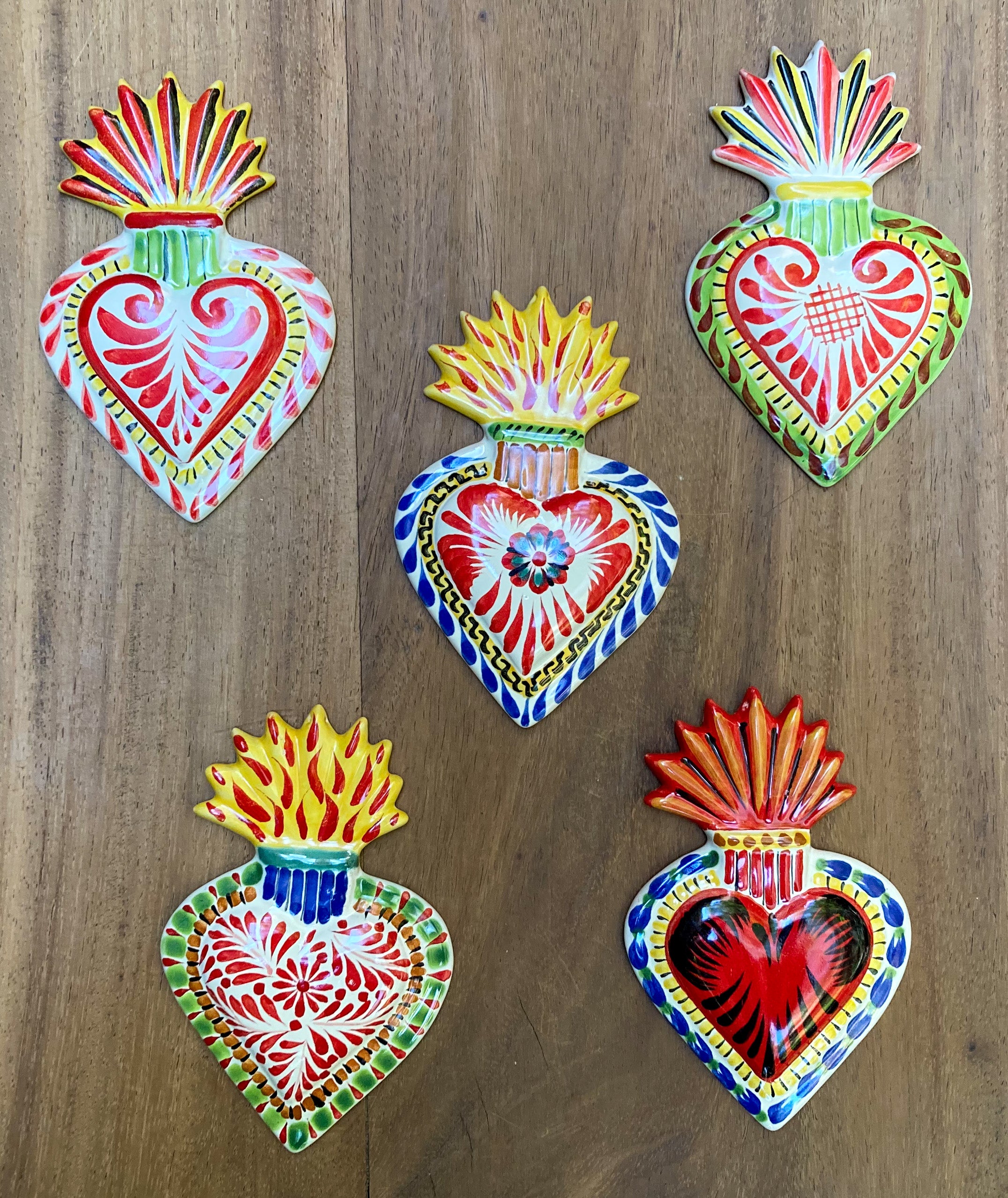 4 Zapotec Hand Painted Fuchsia Wood Heart Ornaments - Fuchsia Zapotec Heart