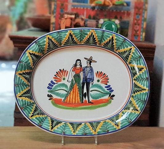 Wedding Decorative / Serving Semi Oval Platter / Tray 16.9x13.4 in Green-Yellow Colors