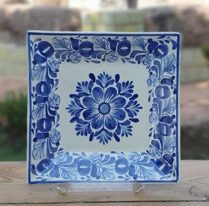 Flower Square Plate Blue and White