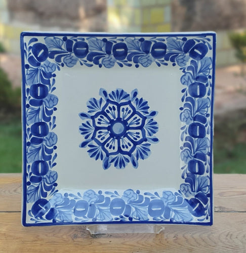 Flower Square Plate Blue and White