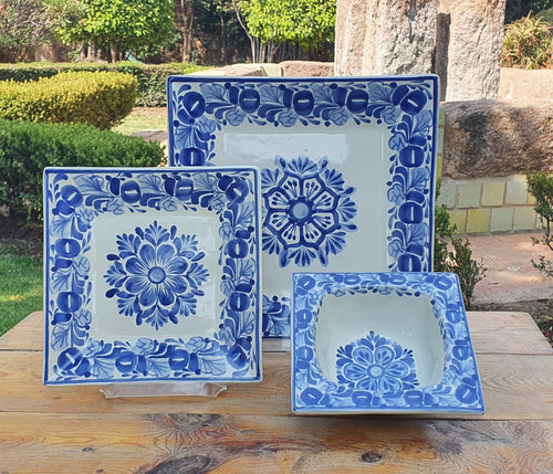 Juego de Platos de Flores (3 piezas) Un Servicio Azul y Blanco (Listo para Enviar) 