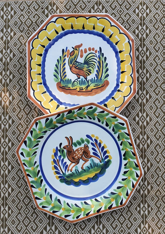 Rooster and Rabbit Mini Octagonal Plate 6.7 X 6.7" Set of 2 Multicolor