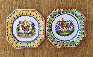 Rooster and Rabbit Mini Octagonal Plate 6.7 X 6.7" Set of 2 Multicolor