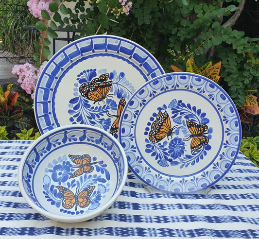 Monarch Butterfly Dinner Set of 3 Blue and White