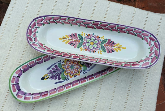 Flower Oval Long Plate 17.3*5.5" Set of 2 Multicolors