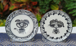 Catrina Bread Plate / Tapa Plate 6.3" D Black and White Set of Las Comadres (2 pieces)