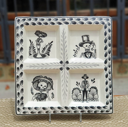 Catrina Square Tray w/4 Division  12.4*12.4" Black and White