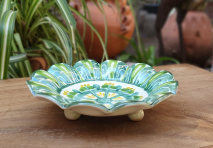 Flower Shape Footed Snack Dish 7" D Green Colors
