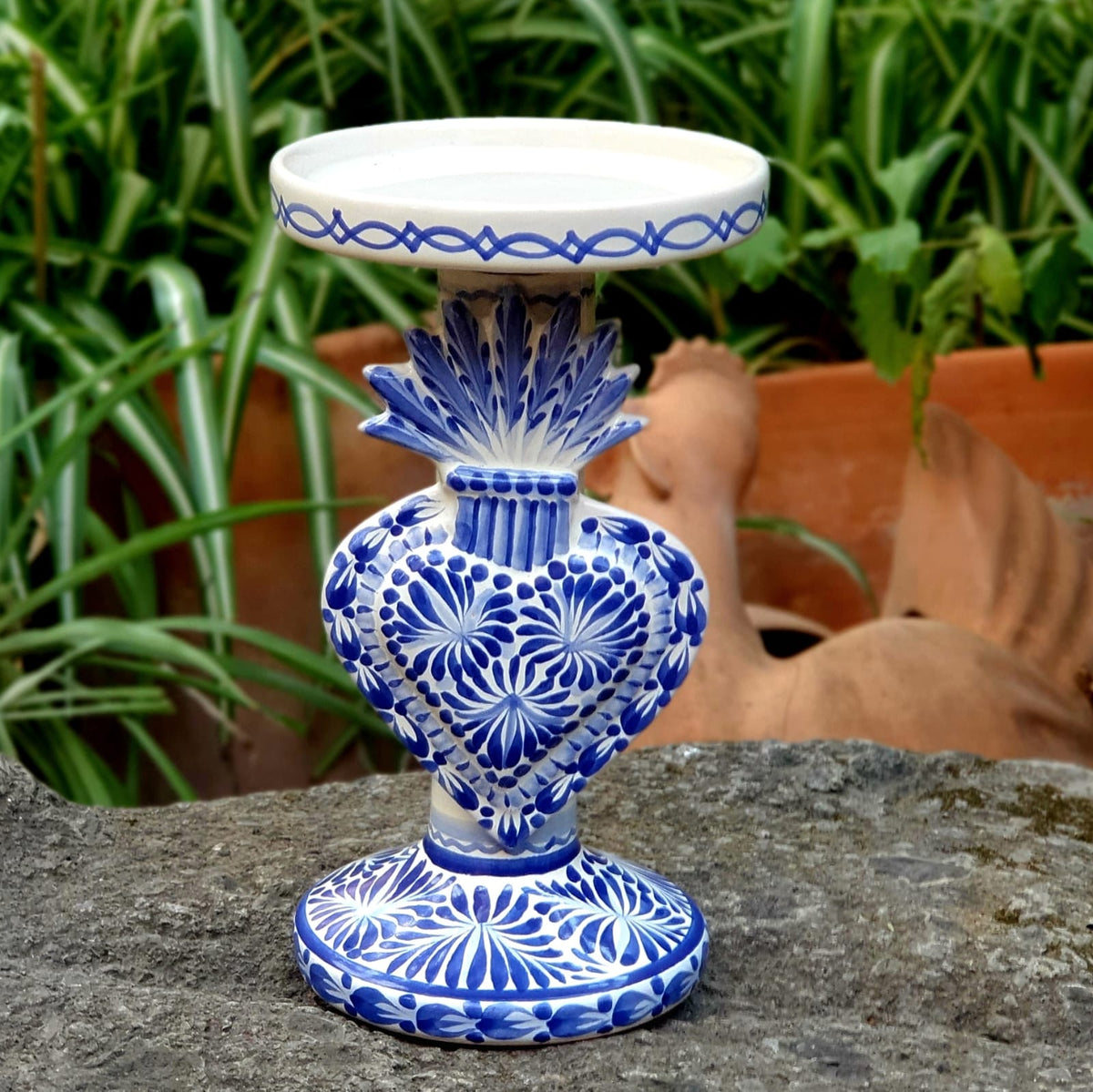 Sacred Heart 4.5" Candle holder 7.7" H  Blue and white