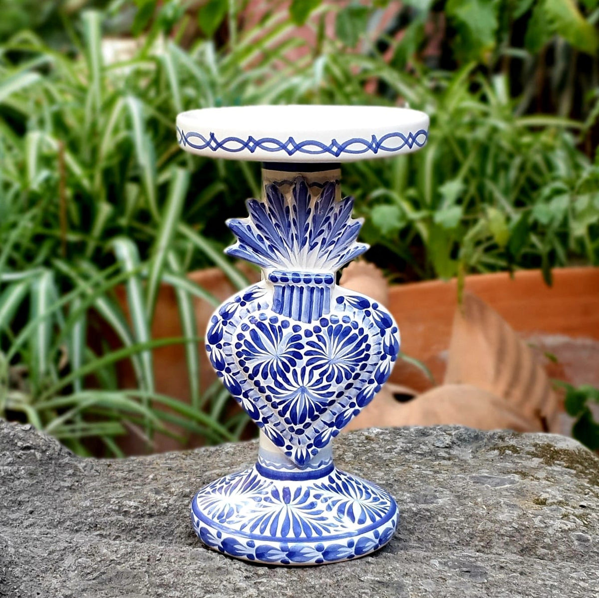Sacred Heart 4.5" Candle holder 7.7" H  Blue and white