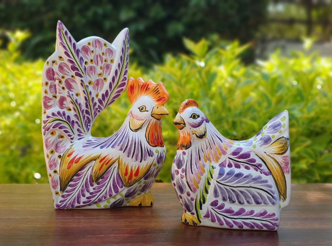 Rooster and Hen Decorative table Figure Purple Colors