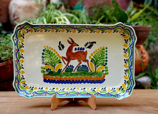 Deer Tray / Serving Rectangular Platter 16.9"x10.6" Green-Yellow Colors