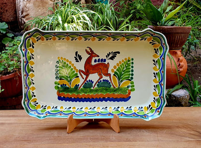 Deer Tray / Serving Rectangular Platter 16.9"x10.6" Green-Yellow Colors