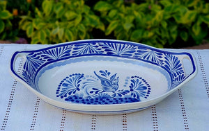 Bird Oval Bowl with handles / Serving Piece Blue