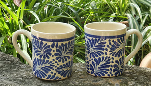 Coffee Mugs Set of 2 Milestones Pattern  Blue and White