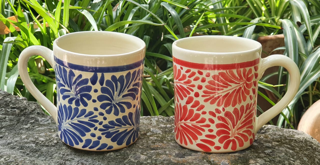 Coffee Mugs Blue and Red Milestones Pattern Set of 2