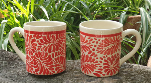 Coffee Mugs Set of 2 Milestones Pattern Red and White