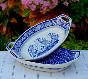 Bird and Milestones Oval Bowl with handles / Serving Piece Set of 2 Blue and White