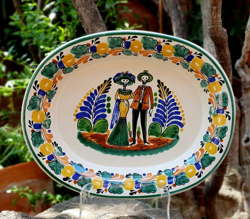 Catrina Couple Decorative / Serving Semi Oval Platter / Tray 16.9x13.4 in MultiColors