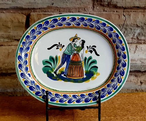 Wedding Decorative / Serving Semi Oval Platter / Tray 16.9x13.4 in Blue-Terracota Colors