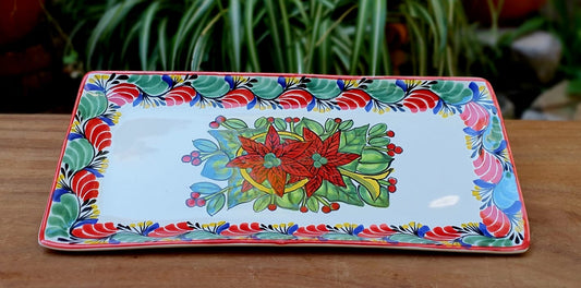 Poinsettia Rectangular Plate / Tray christmas Red-Blue-Green Colors